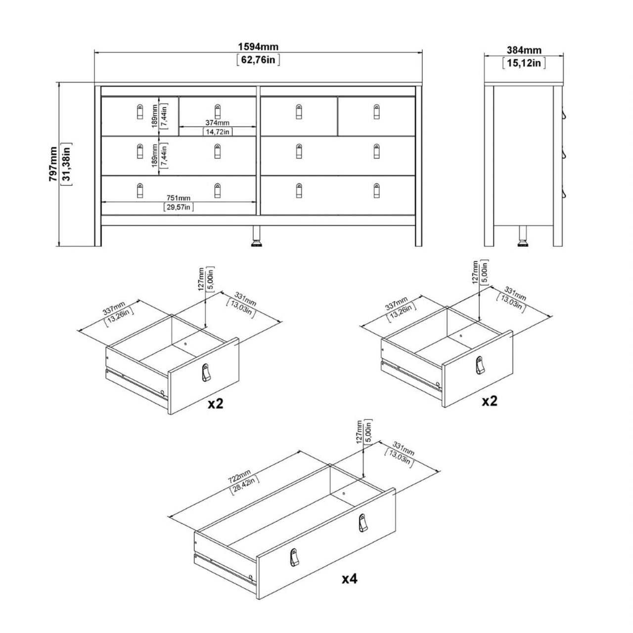 Matt Black 8 Drawer Double Chest With Leather Tab Handles