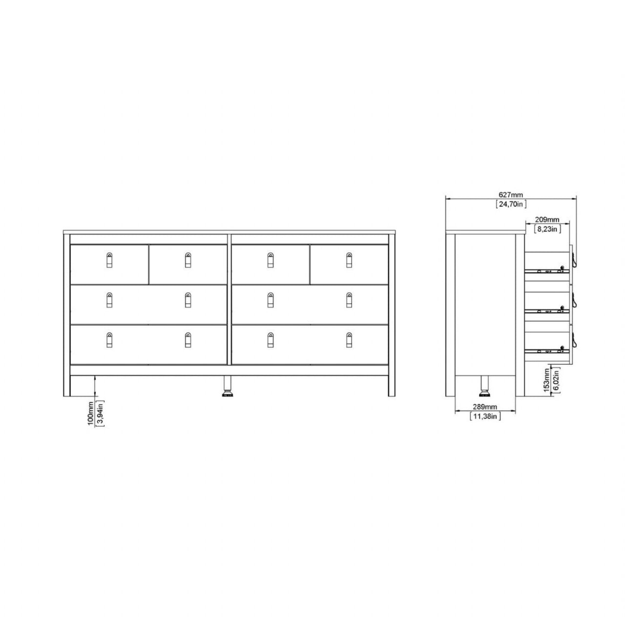 Matt Black 8 Drawer Double Chest With Leather Tab Handles