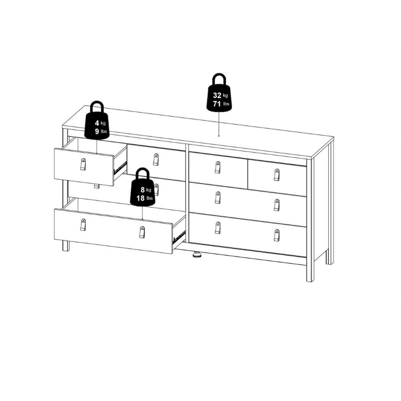 Matt Black 8 Drawer Double Chest With Leather Tab Handles