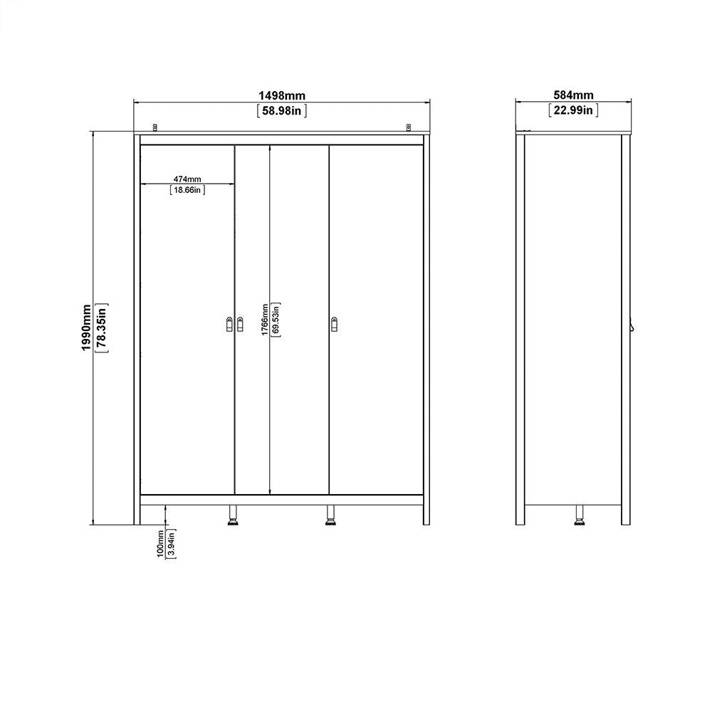 Large White Triple 3 Door Tall Wardrobe 150cm Wide