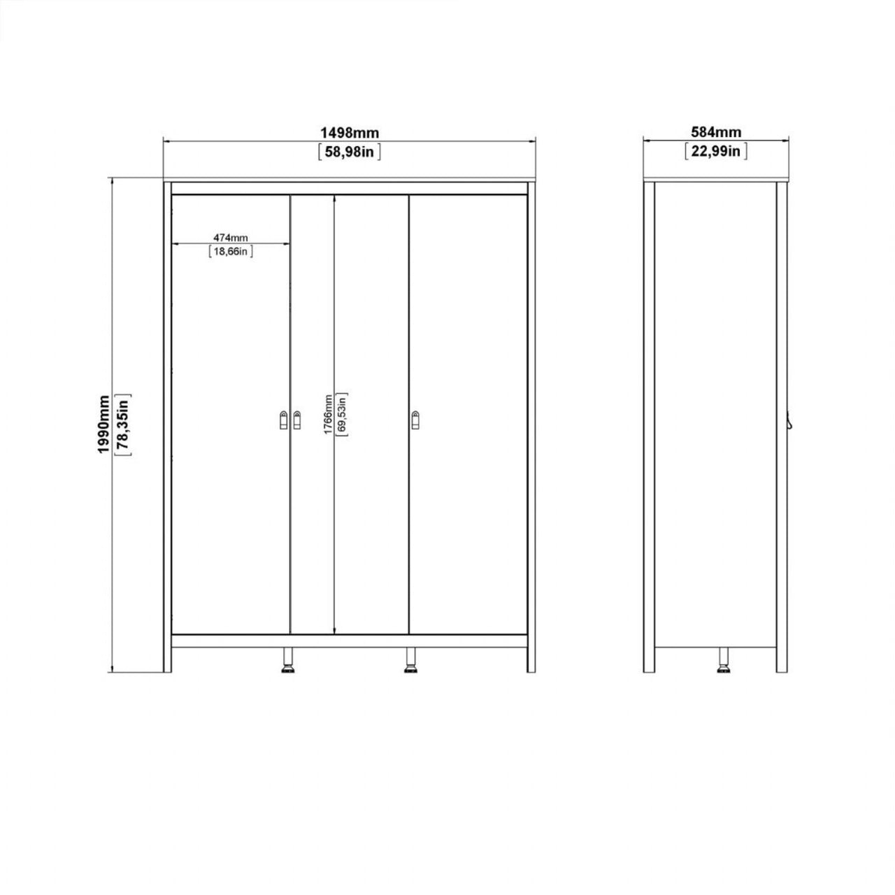 Large White Triple 3 Door Tall Wardrobe 150cm Wide