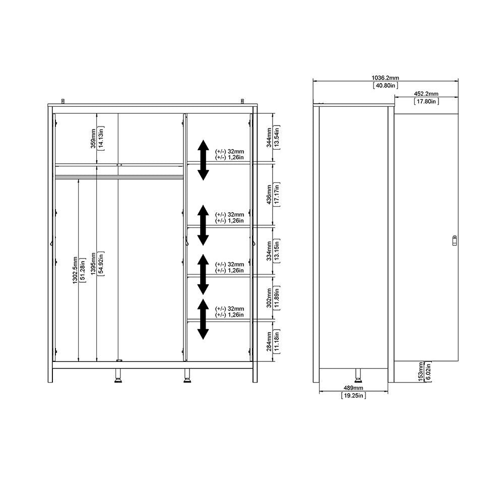 Large White Triple 3 Door Tall Wardrobe 150cm Wide