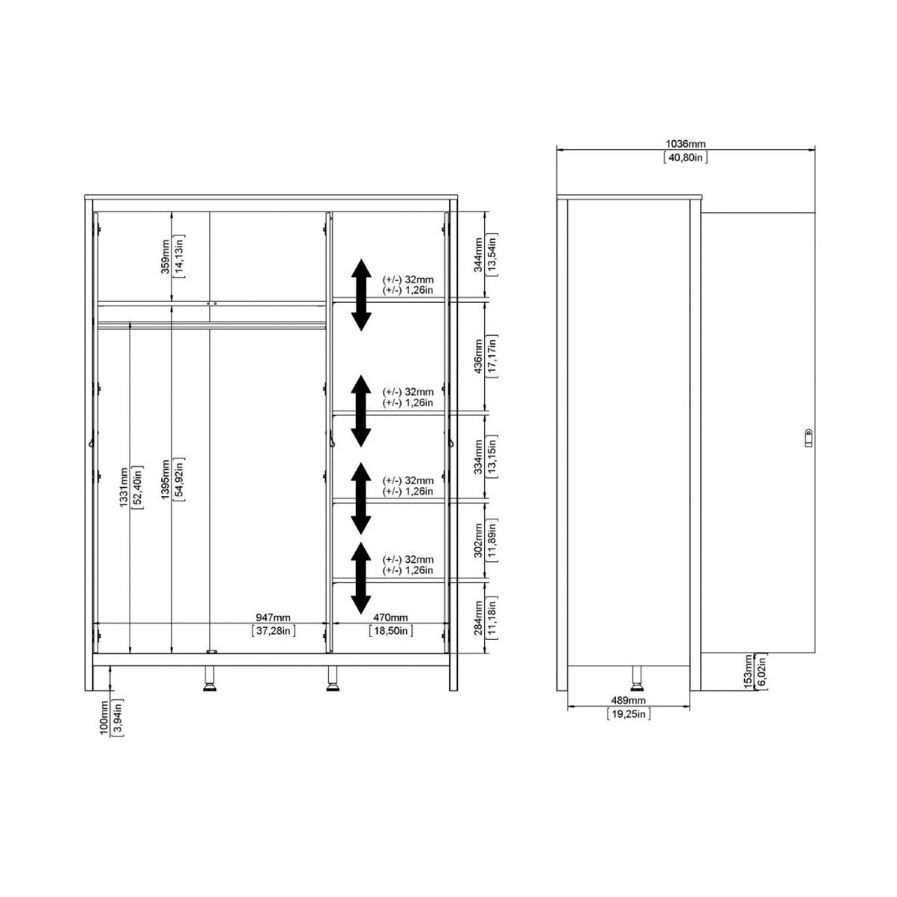 Large White Triple 3 Door Tall Wardrobe 150cm Wide