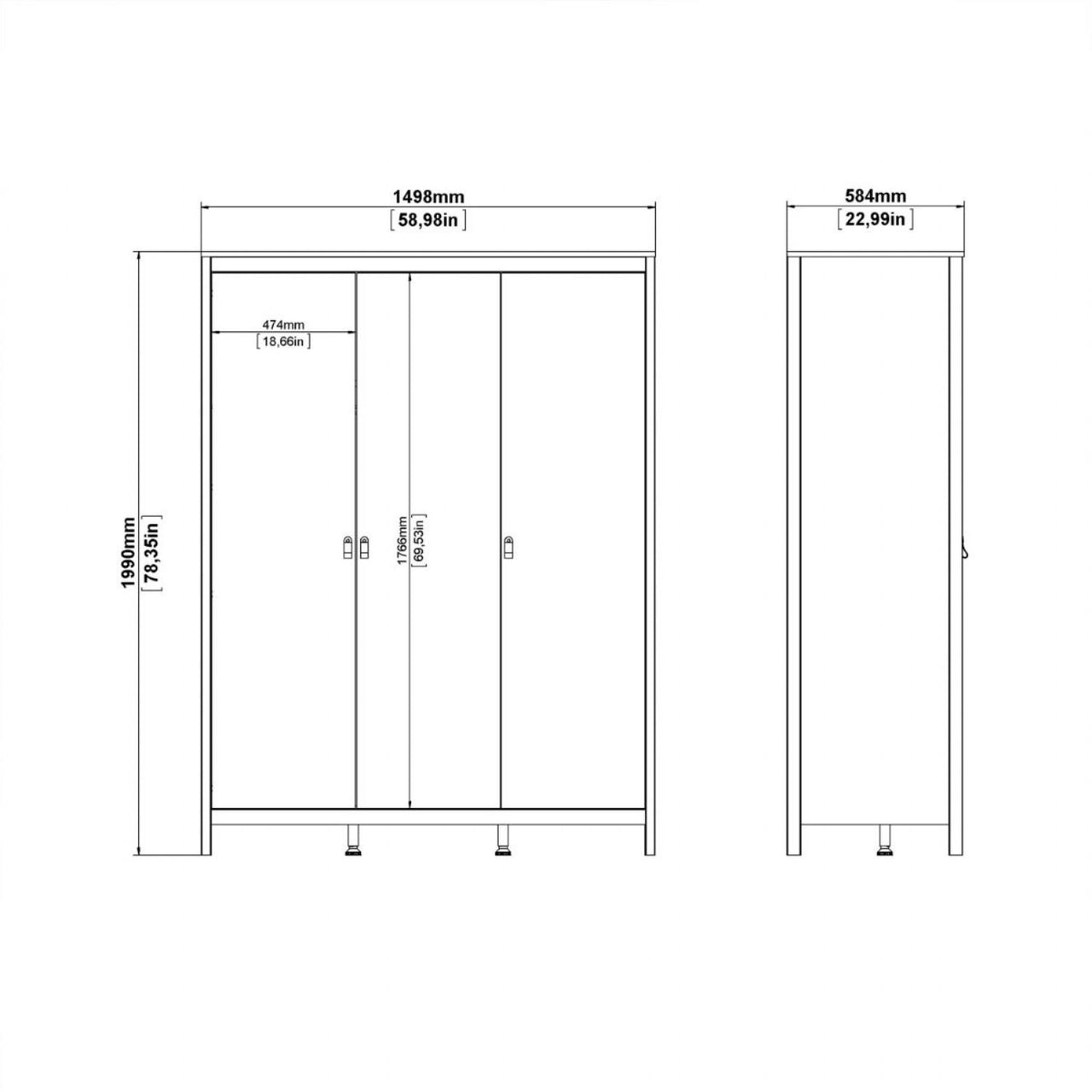 Matt Black 3 Door Wardrobe With Brown Leather Tab Handles