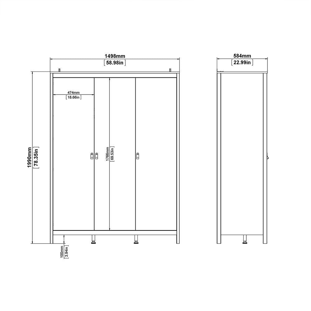 Matt Black 3 Door Wardrobe With Brown Leather Tab Handles