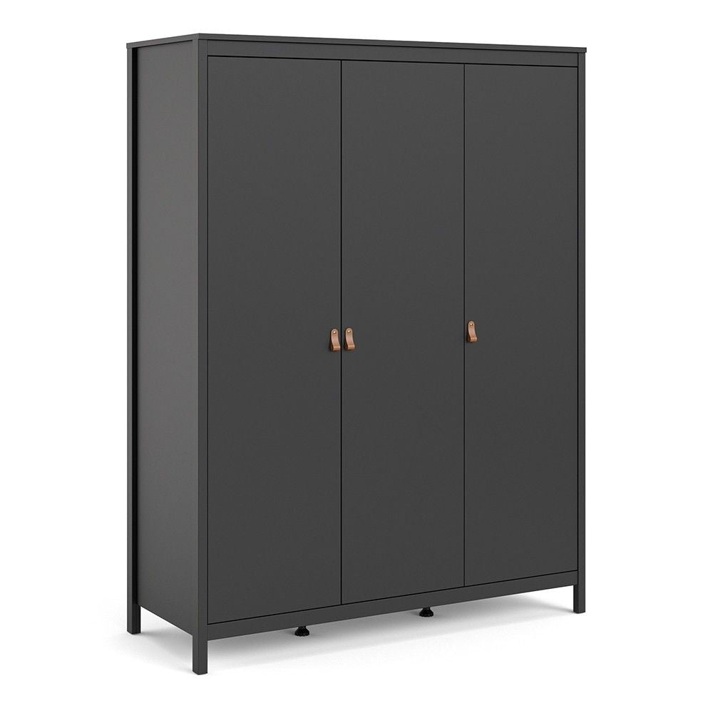 Matt Black 3 Door Wardrobe With Brown Leather Tab Handles