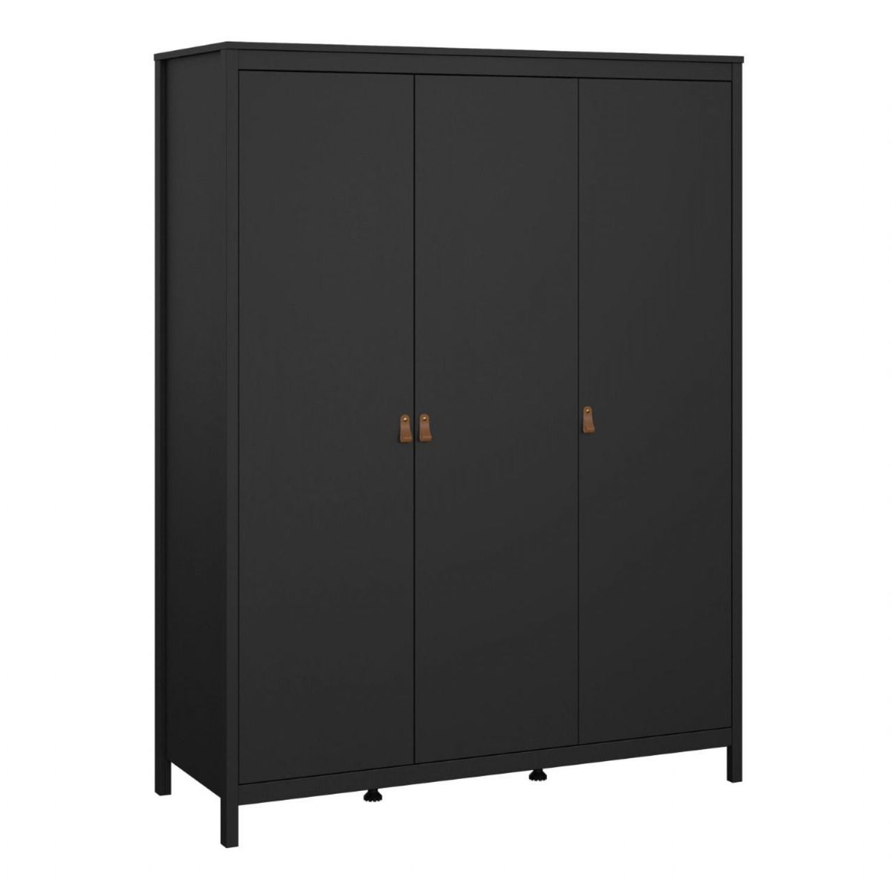 Matt Black 3 Door Wardrobe With Brown Leather Tab Handles