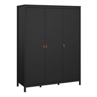 Thumbnail for Matt Black 3 Door Wardrobe With Brown Leather Tab Handles