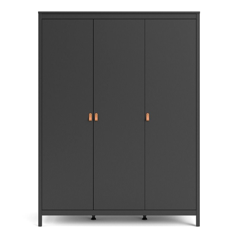 Matt Black 3 Door Wardrobe With Brown Leather Tab Handles