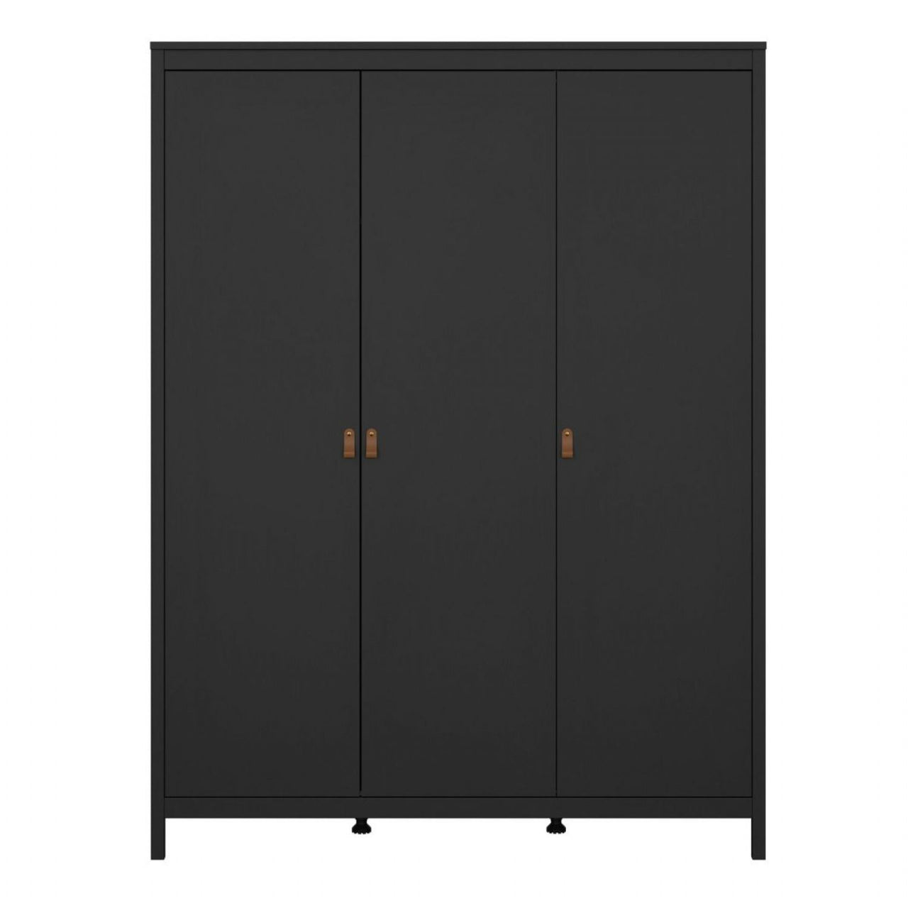 Matt Black 3 Door Wardrobe With Brown Leather Tab Handles