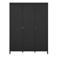 Thumbnail for Matt Black 3 Door Wardrobe With Brown Leather Tab Handles