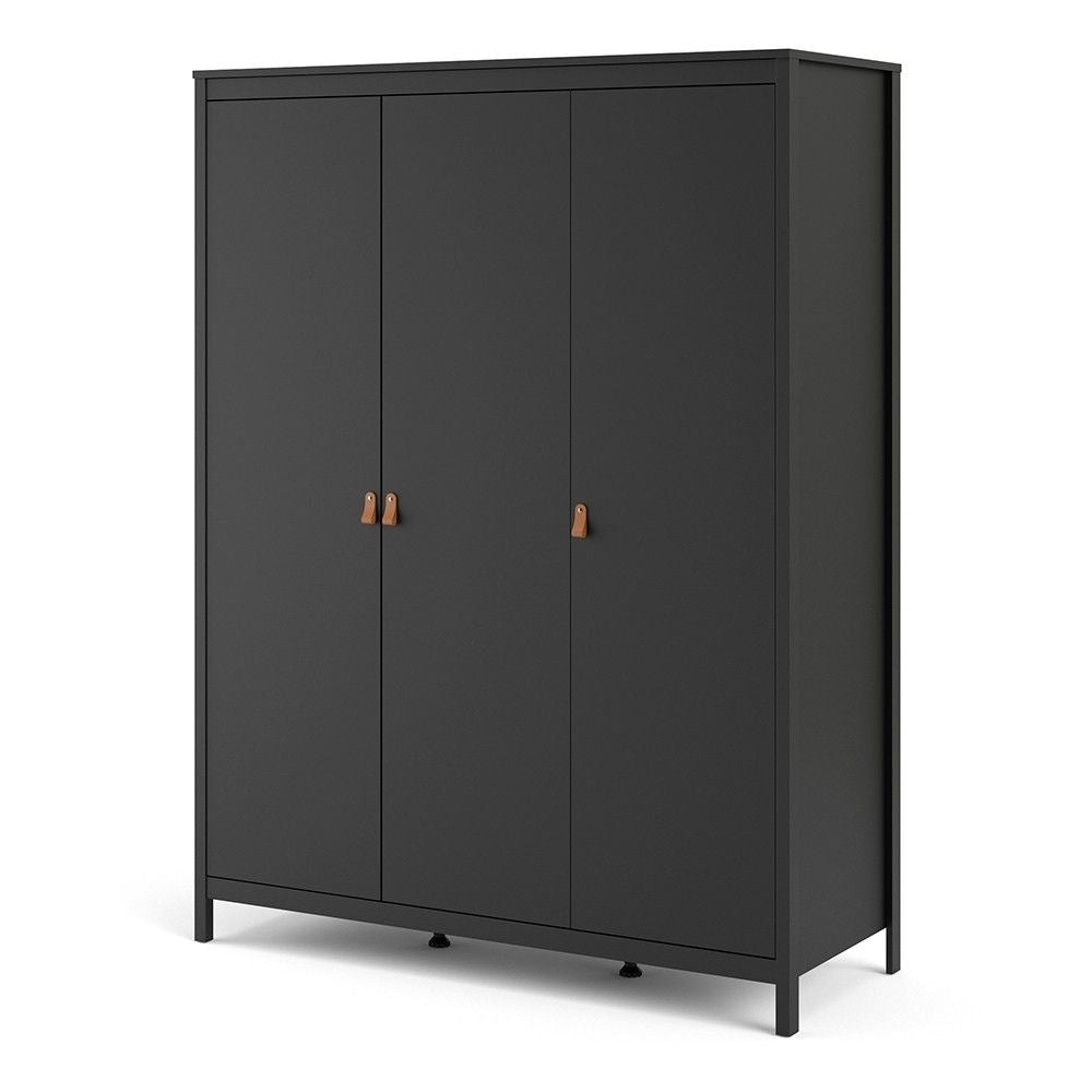 Matt Black 3 Door Wardrobe With Brown Leather Tab Handles