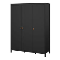 Thumbnail for Matt Black 3 Door Wardrobe With Brown Leather Tab Handles