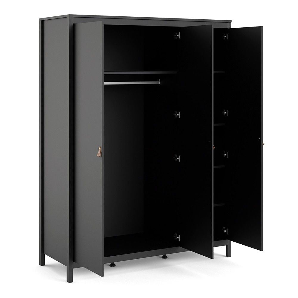 Matt Black 3 Door Wardrobe With Brown Leather Tab Handles