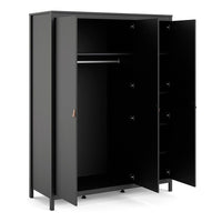 Thumbnail for Matt Black 3 Door Wardrobe With Brown Leather Tab Handles