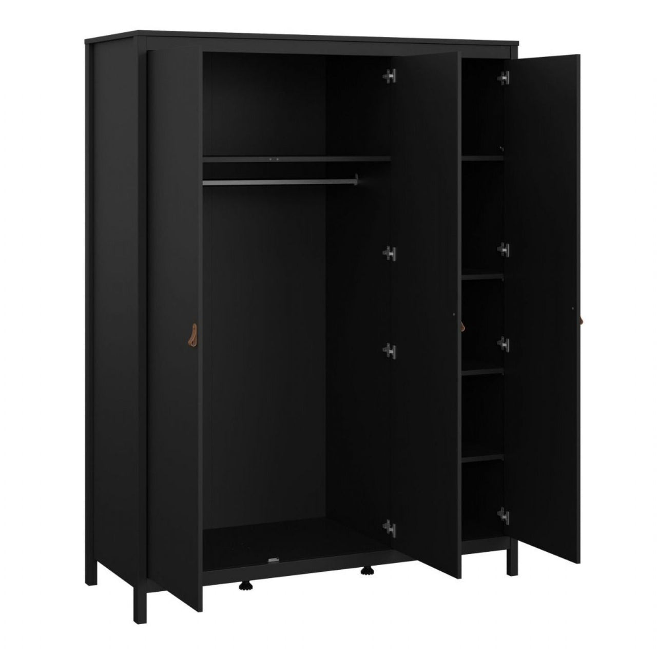 Matt Black 3 Door Wardrobe With Brown Leather Tab Handles