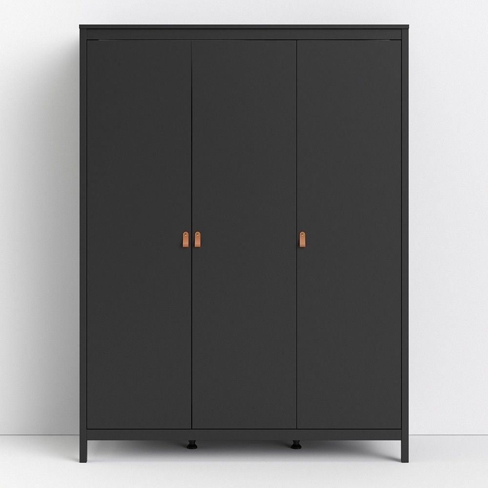 Matt Black 3 Door Wardrobe With Brown Leather Tab Handles