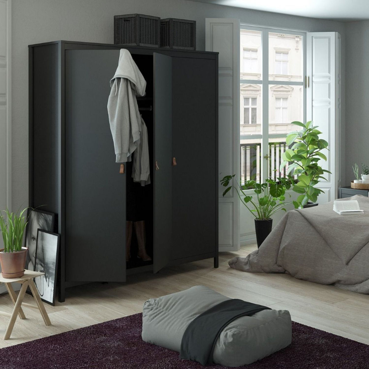 Matt Black 3 Door Wardrobe With Brown Leather Tab Handles