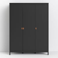 Thumbnail for Matt Black 3 Door Wardrobe With Brown Leather Tab Handles