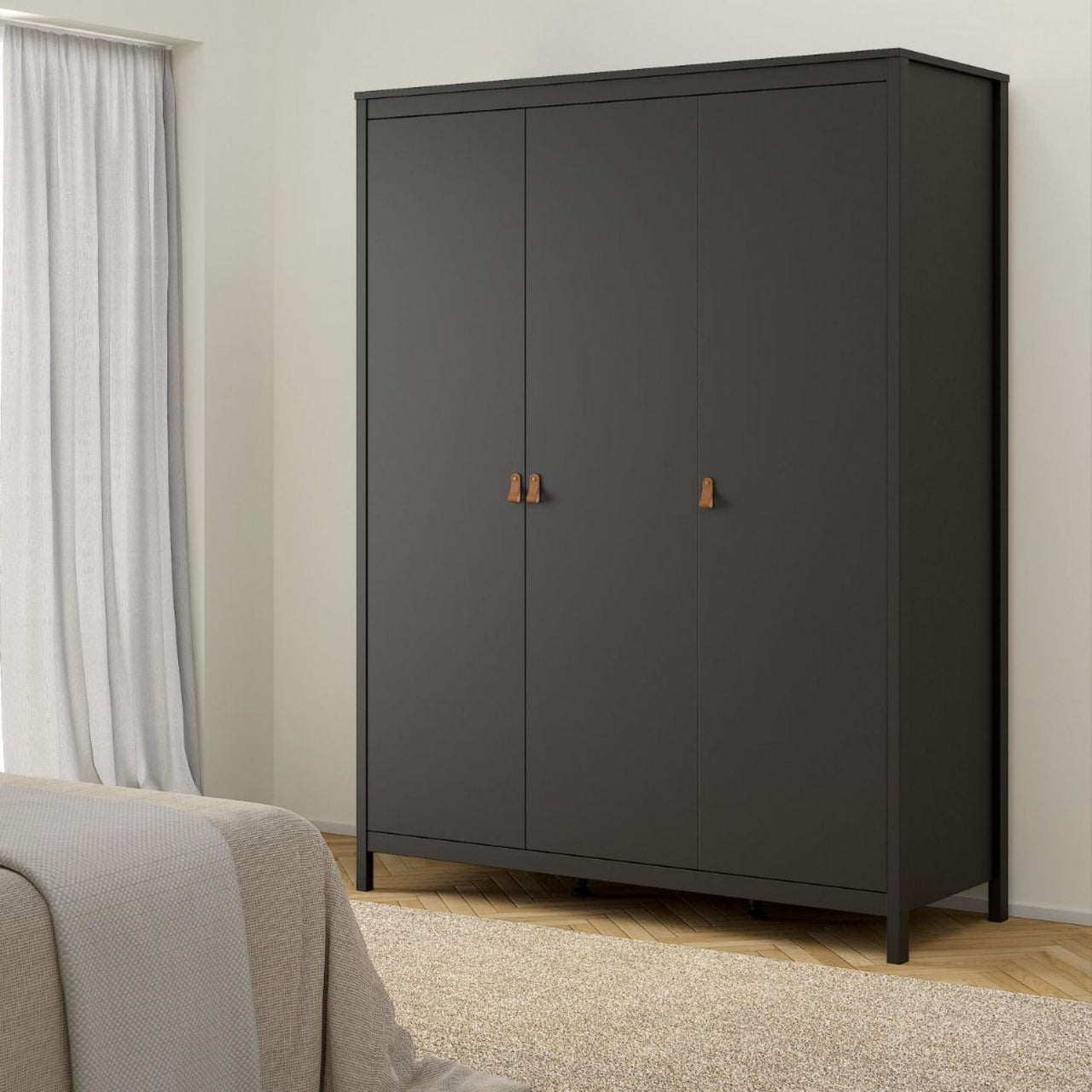 Matt Black 3 Door Wardrobe With Brown Leather Tab Handles