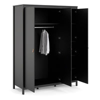 Thumbnail for Matt Black 3 Door Wardrobe With Brown Leather Tab Handles