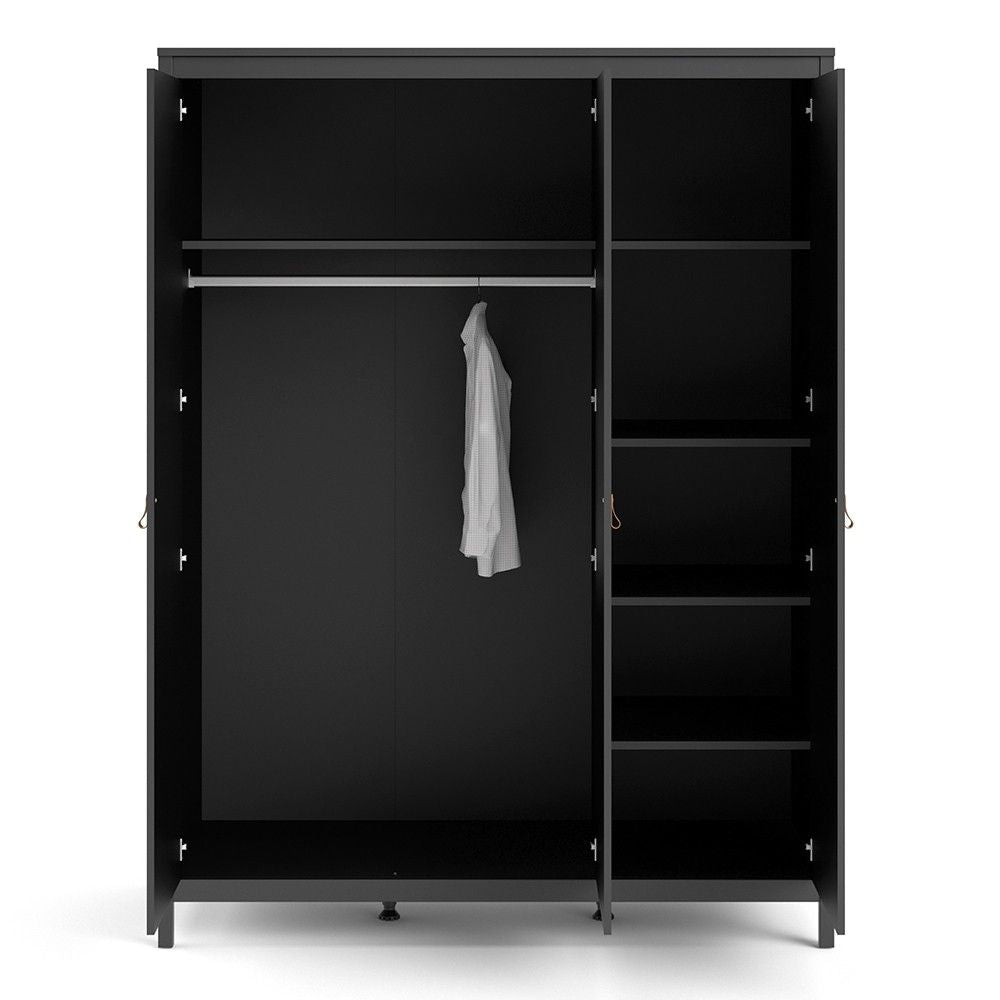 Matt Black 3 Door Wardrobe With Brown Leather Tab Handles