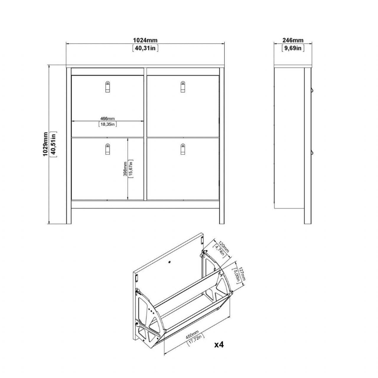 White 4 Compartment Shoe Storage Cabinet With Leather Tab Handles