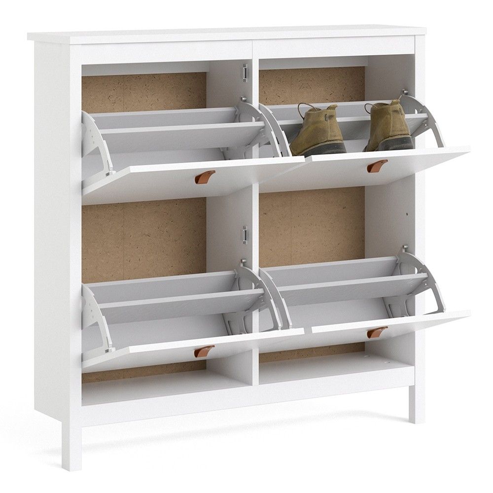 White 4 Compartment Shoe Storage Cabinet With Leather Tab Handles