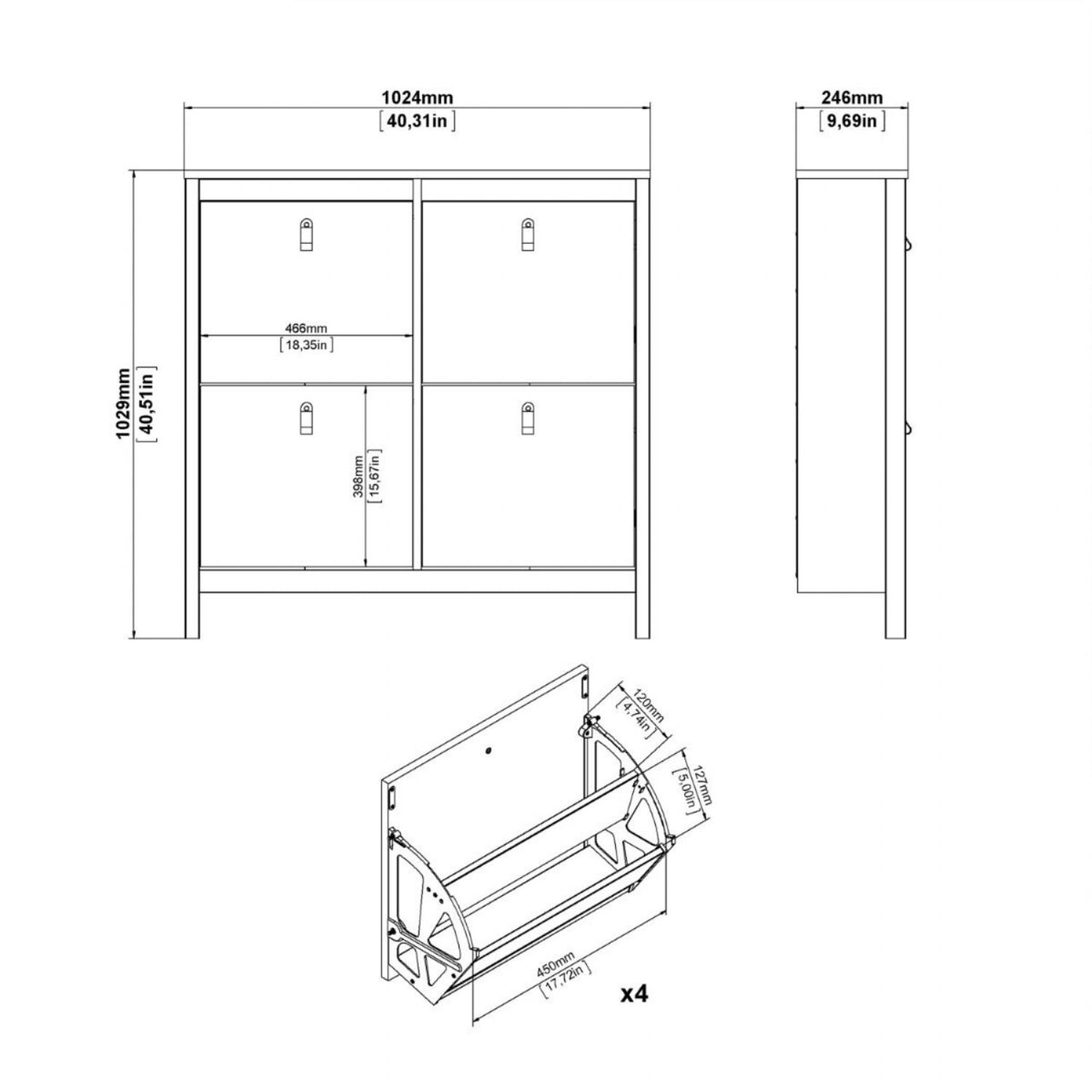 Matt Black 4 Compartment Shoe Cabinet