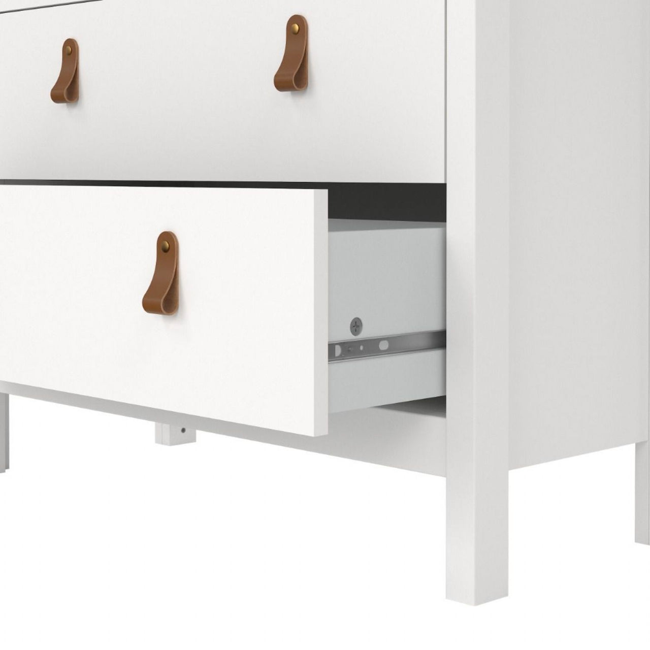 White 2 Glass Door And 3 Drawer Cabinet With Brown Leather Handles