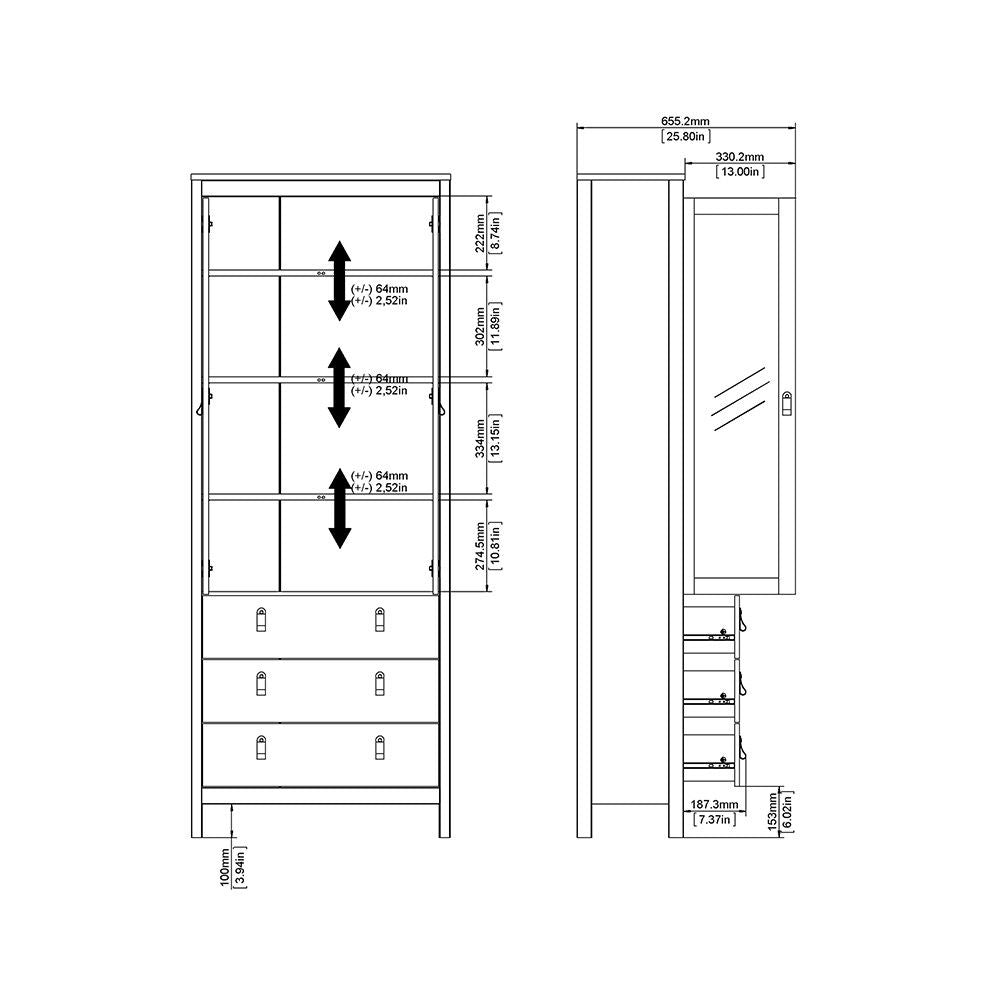 White 2 Glass Door And 3 Drawer Cabinet With Brown Leather Handles