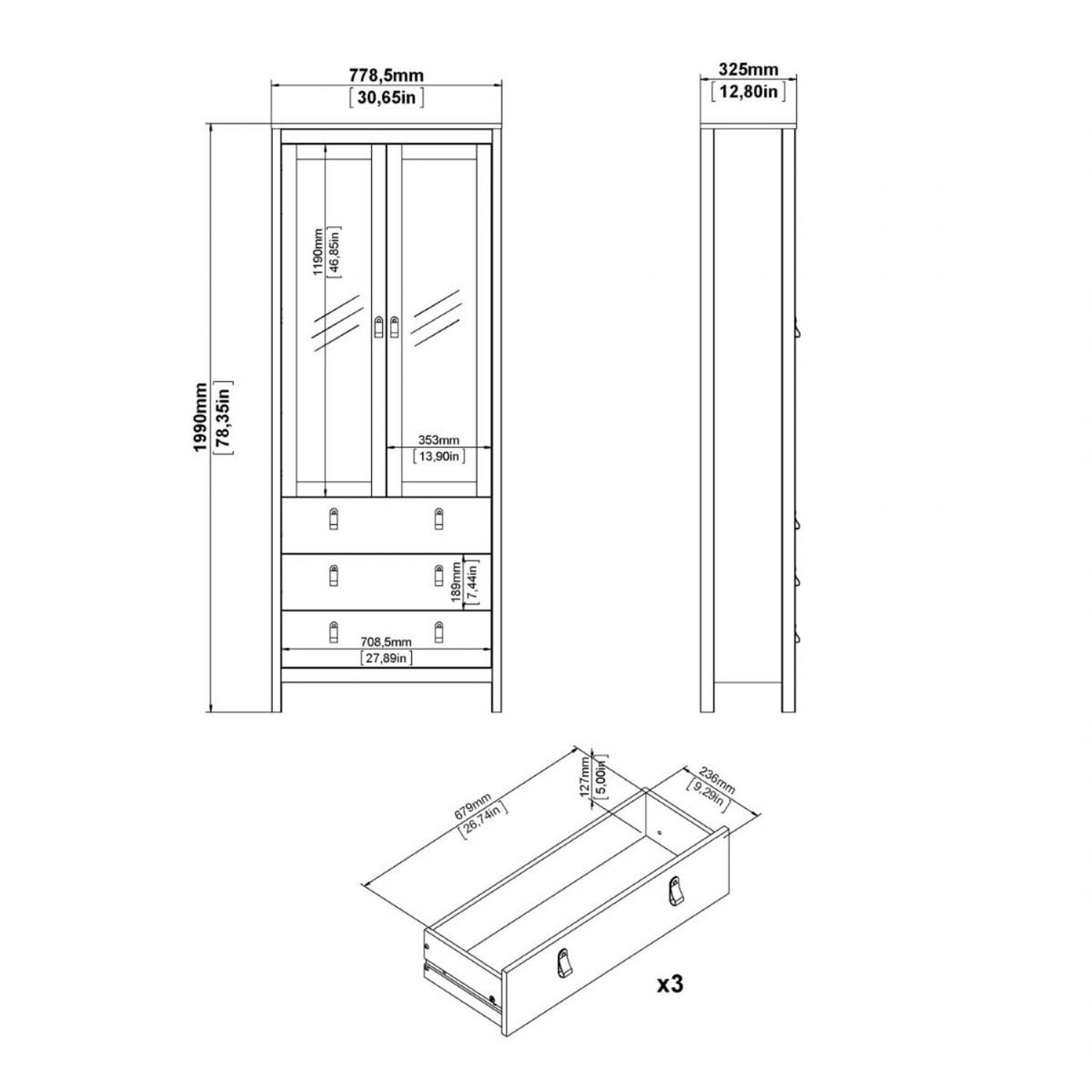 White 2 Glass Door And 3 Drawer Cabinet With Brown Leather Handles