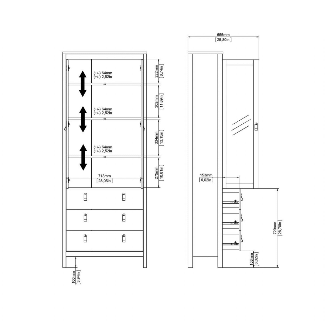 White 2 Glass Door And 3 Drawer Cabinet With Brown Leather Handles