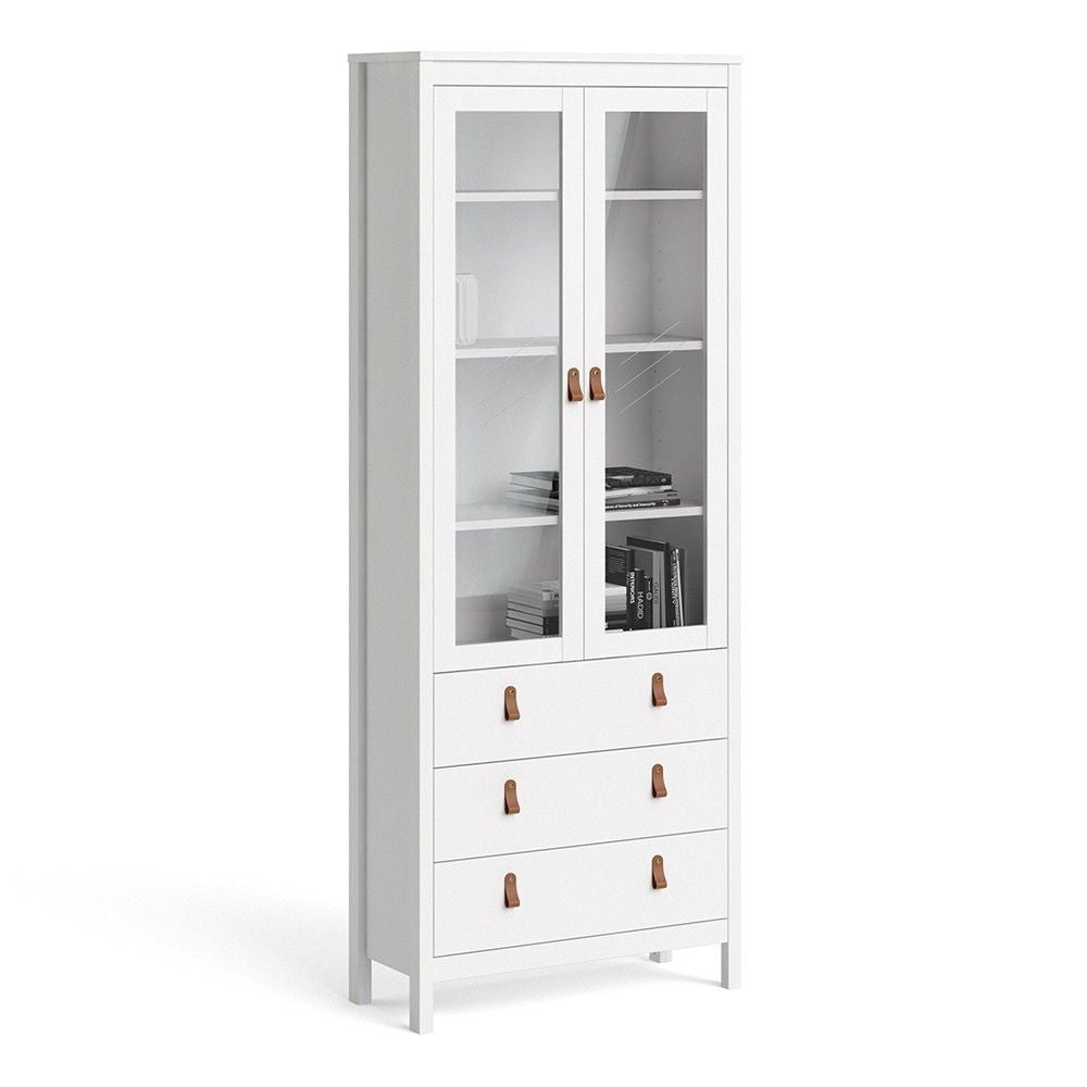 White 2 Glass Door And 3 Drawer Cabinet With Brown Leather Handles