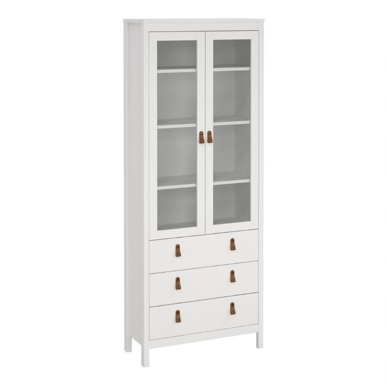 White 2 Glass Door And 3 Drawer Cabinet With Brown Leather Handles