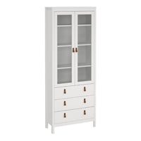 Thumbnail for White 2 Glass Door And 3 Drawer Cabinet With Brown Leather Handles