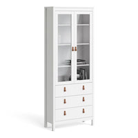 Thumbnail for White 2 Glass Door And 3 Drawer Cabinet With Brown Leather Handles