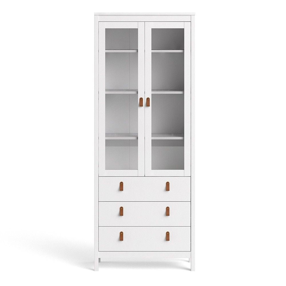 White 2 Glass Door And 3 Drawer Cabinet With Brown Leather Handles