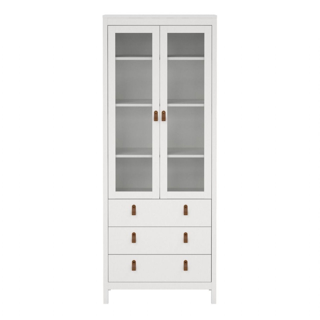 White 2 Glass Door And 3 Drawer Cabinet With Brown Leather Handles