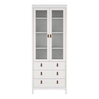 Thumbnail for White 2 Glass Door And 3 Drawer Cabinet With Brown Leather Handles