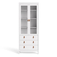 Thumbnail for White 2 Glass Door And 3 Drawer Cabinet With Brown Leather Handles