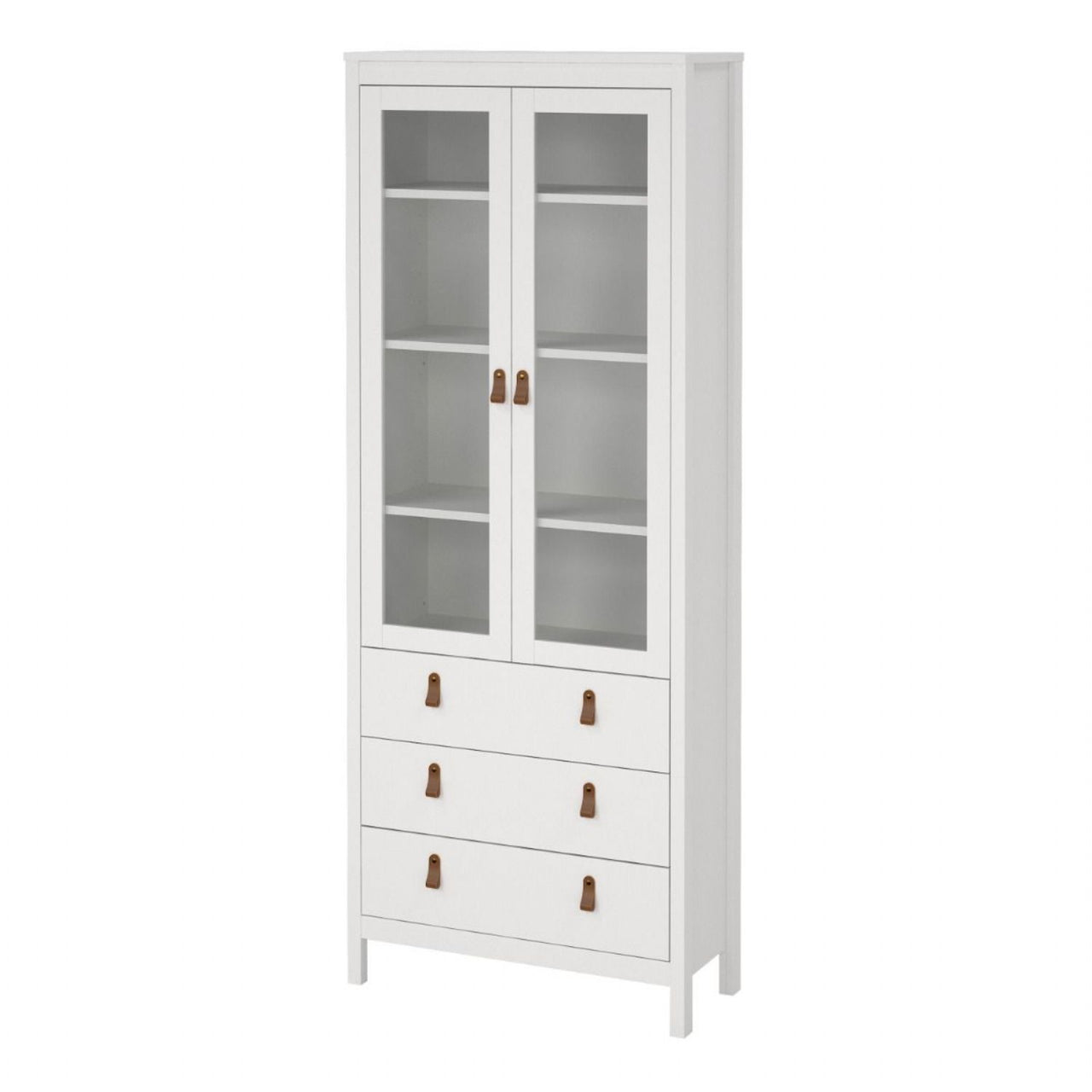 White 2 Glass Door And 3 Drawer Cabinet With Brown Leather Handles