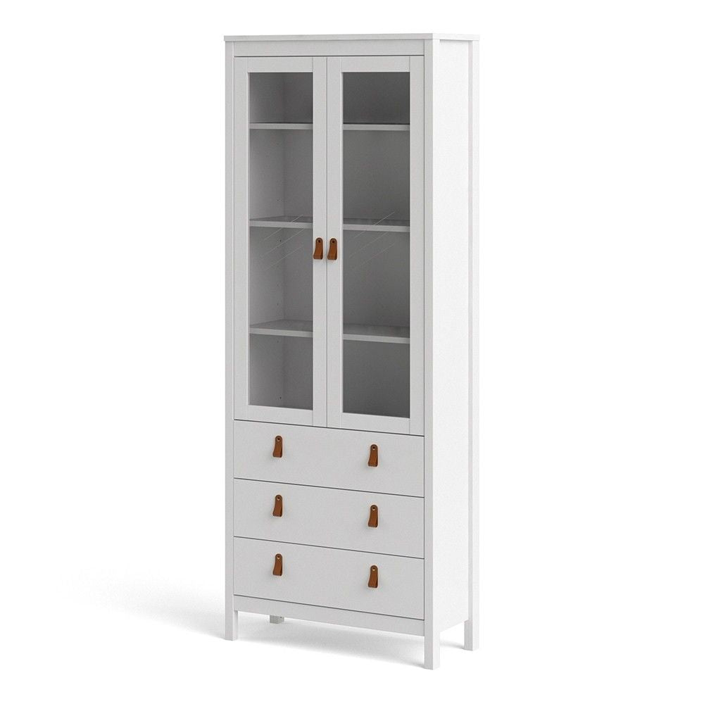 White 2 Glass Door And 3 Drawer Cabinet With Brown Leather Handles