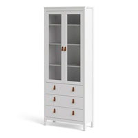 Thumbnail for White 2 Glass Door And 3 Drawer Cabinet With Brown Leather Handles