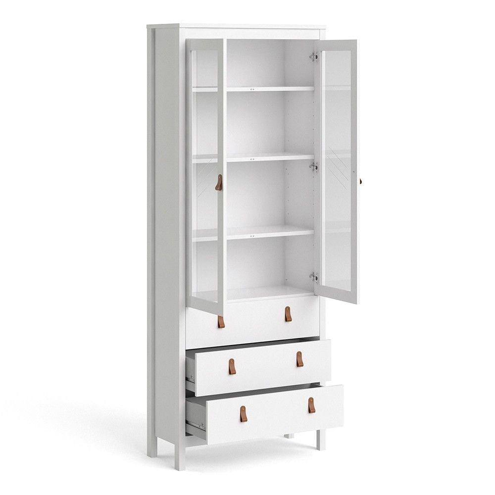 White 2 Glass Door And 3 Drawer Cabinet With Brown Leather Handles