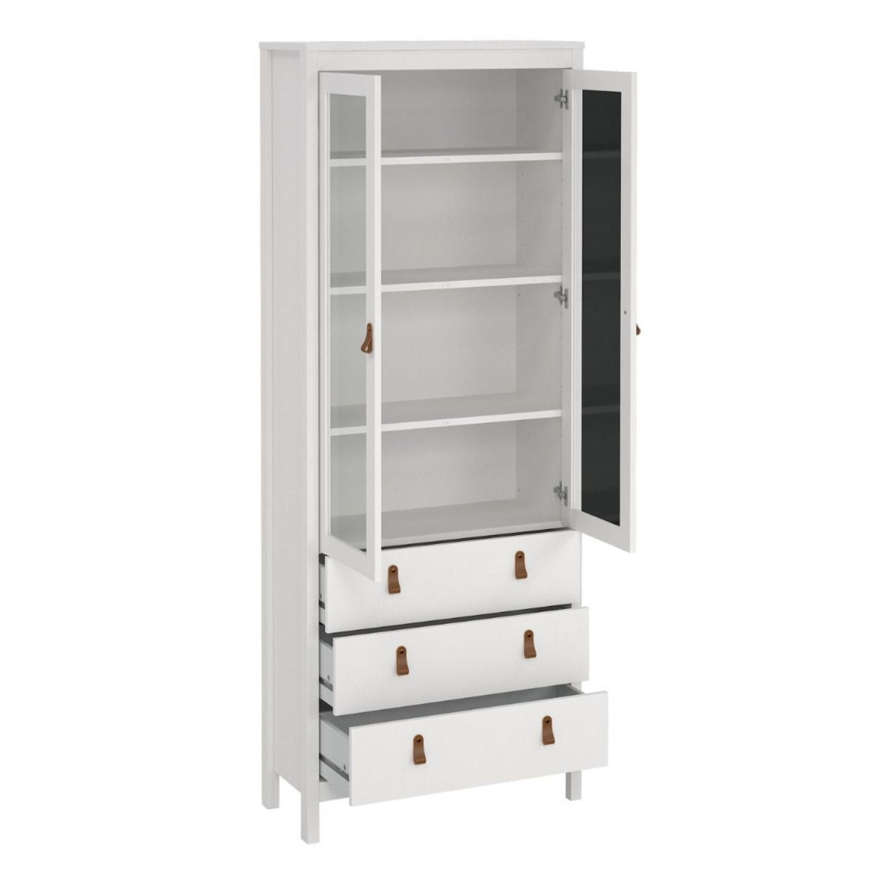 White 2 Glass Door And 3 Drawer Cabinet With Brown Leather Handles