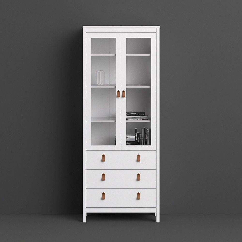 White 2 Glass Door And 3 Drawer Cabinet With Brown Leather Handles