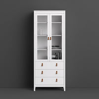 Thumbnail for White 2 Glass Door And 3 Drawer Cabinet With Brown Leather Handles