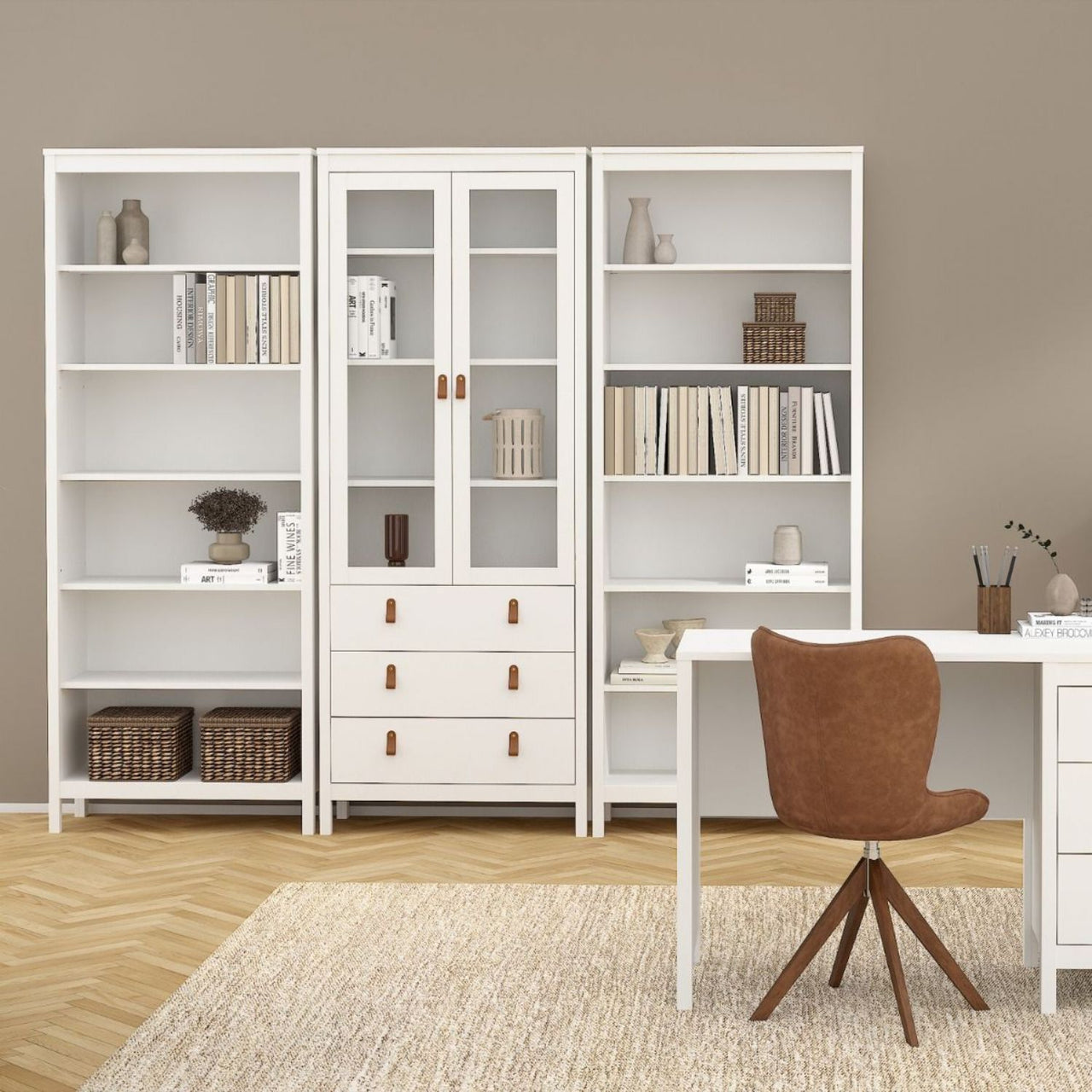 White 2 Glass Door And 3 Drawer Cabinet With Brown Leather Handles