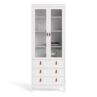 Thumbnail for White 2 Glass Door And 3 Drawer Cabinet With Brown Leather Handles